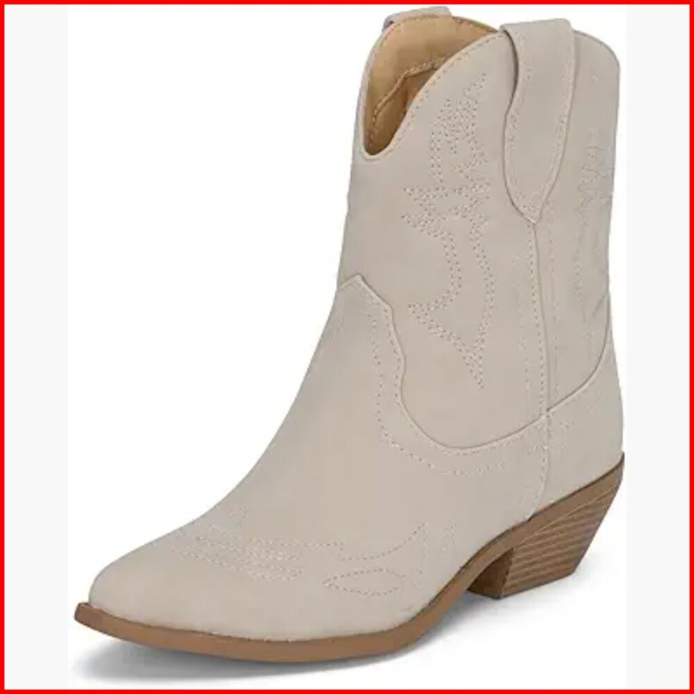 Pointed Toe Western Ankle Boots Stacked Heel Slip On Booties